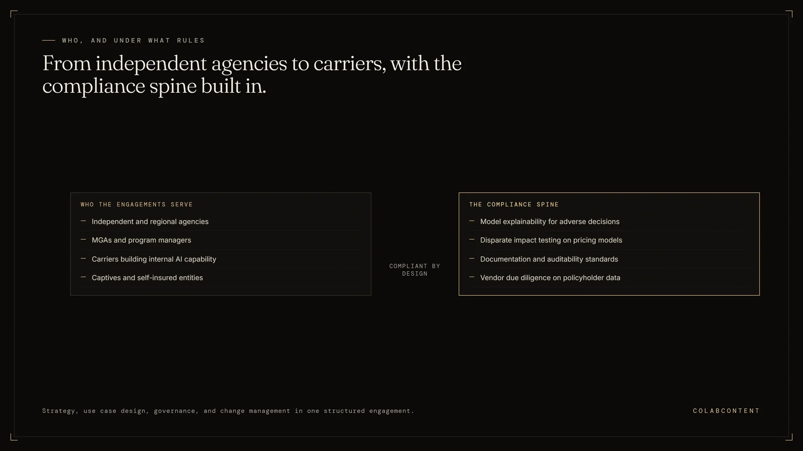 AI consulting for insurance companies: engagements serve independent agencies, MGAs, carriers, and captives, with a compliance spine of model explainability, disparate impact testing, auditability standards, and vendor due diligence on policyholder data